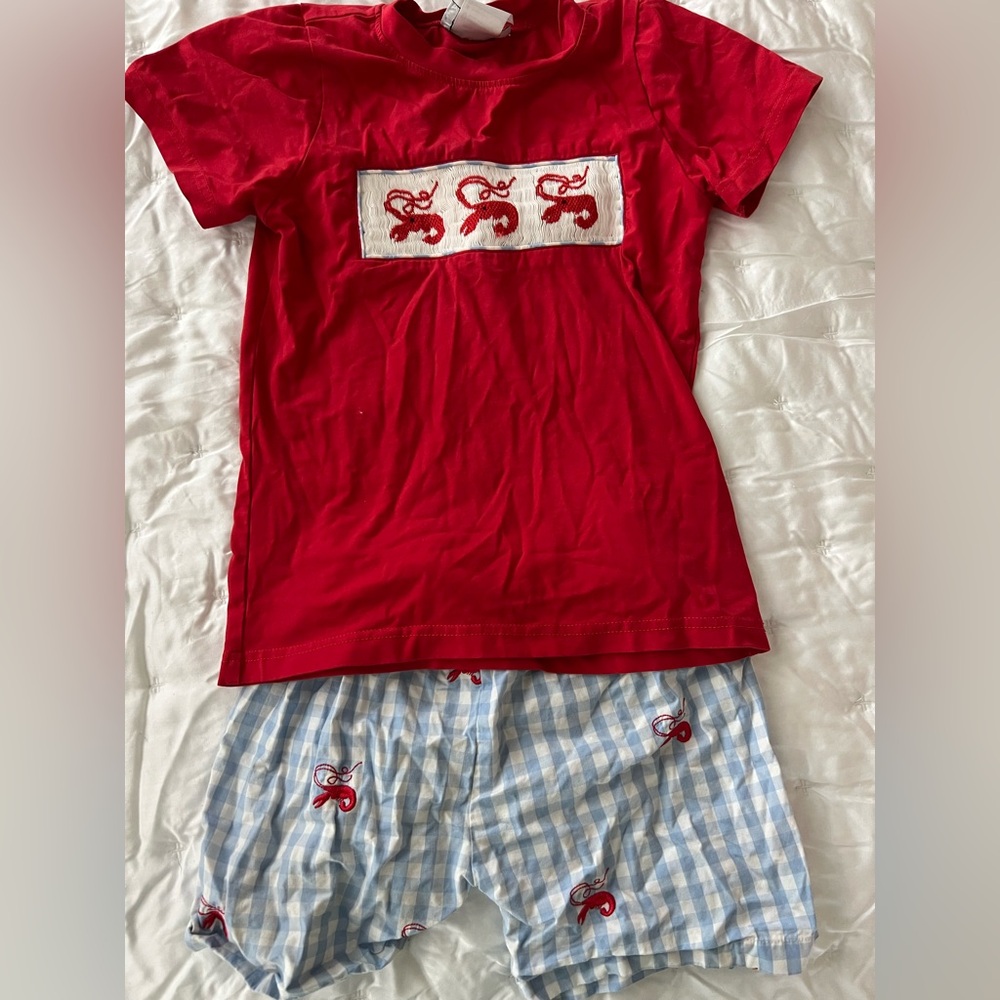 Red and Blue crawdad smocked Kids Matching Set